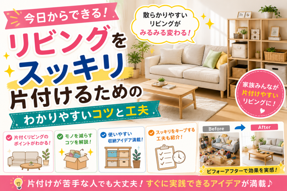 リビングをスッキリ片付けるためのわかりやすいコツと工夫の画像